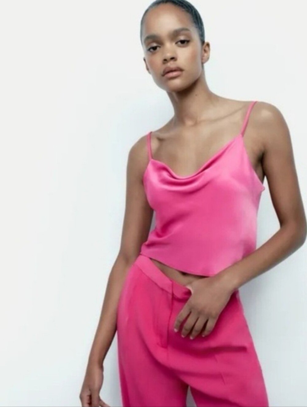 Zara Hot Pink Satin Drape Neck Crop Top – Adjustable Straps – Size Small